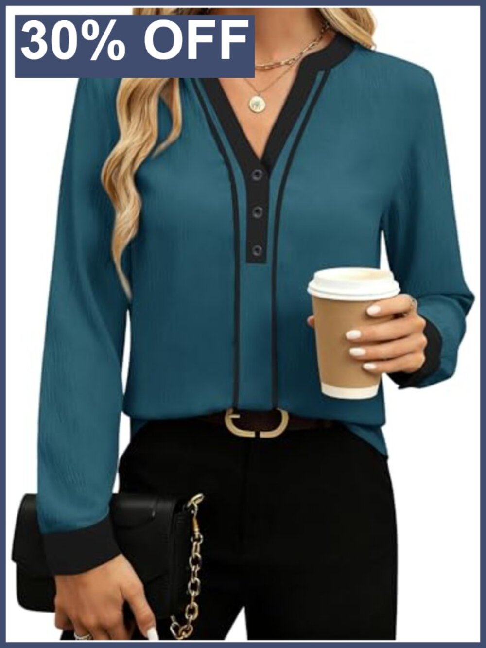 Womens Dressy Business Casual Blouse Long Sleeve V-Neck Button Down